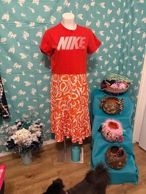 Nike Red Graphic Tee with Orange Swirl Skirt